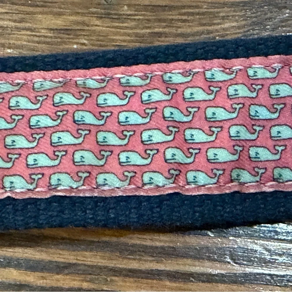 Vineyard Vines Canvas Club Belt Brown Leather Embossed Whale Pink Whale Sz 32